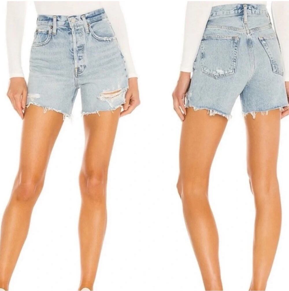 Agolde Denim Shorts Womens 32 Blue Riley Button Distressed Boho Organic Cotton